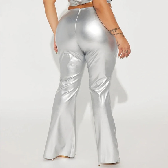 NWT Fashion NOVA Silver Faux Leather Flare Silver Pants w/ Rhinestone Crosses - Picture 7 of 16
